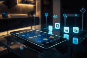 Smart home control app on smartphone with IoT icons.